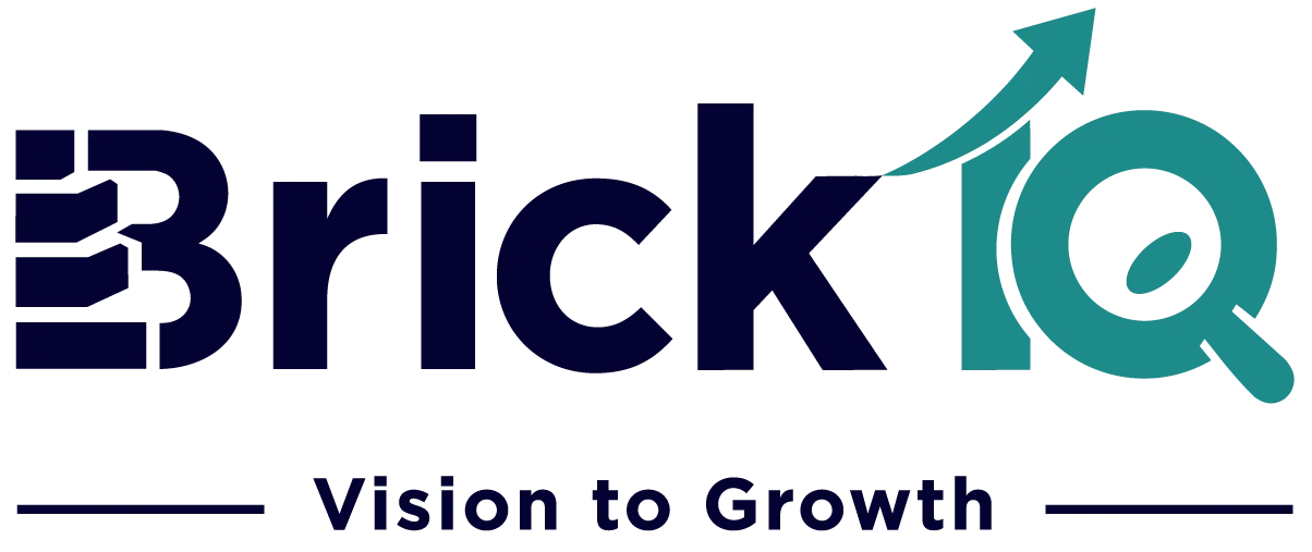 BrickIQ professional logo in navy blue and teal with brick-style B icon and upward growth arrow. Includes the tagline "Vision to Growth."