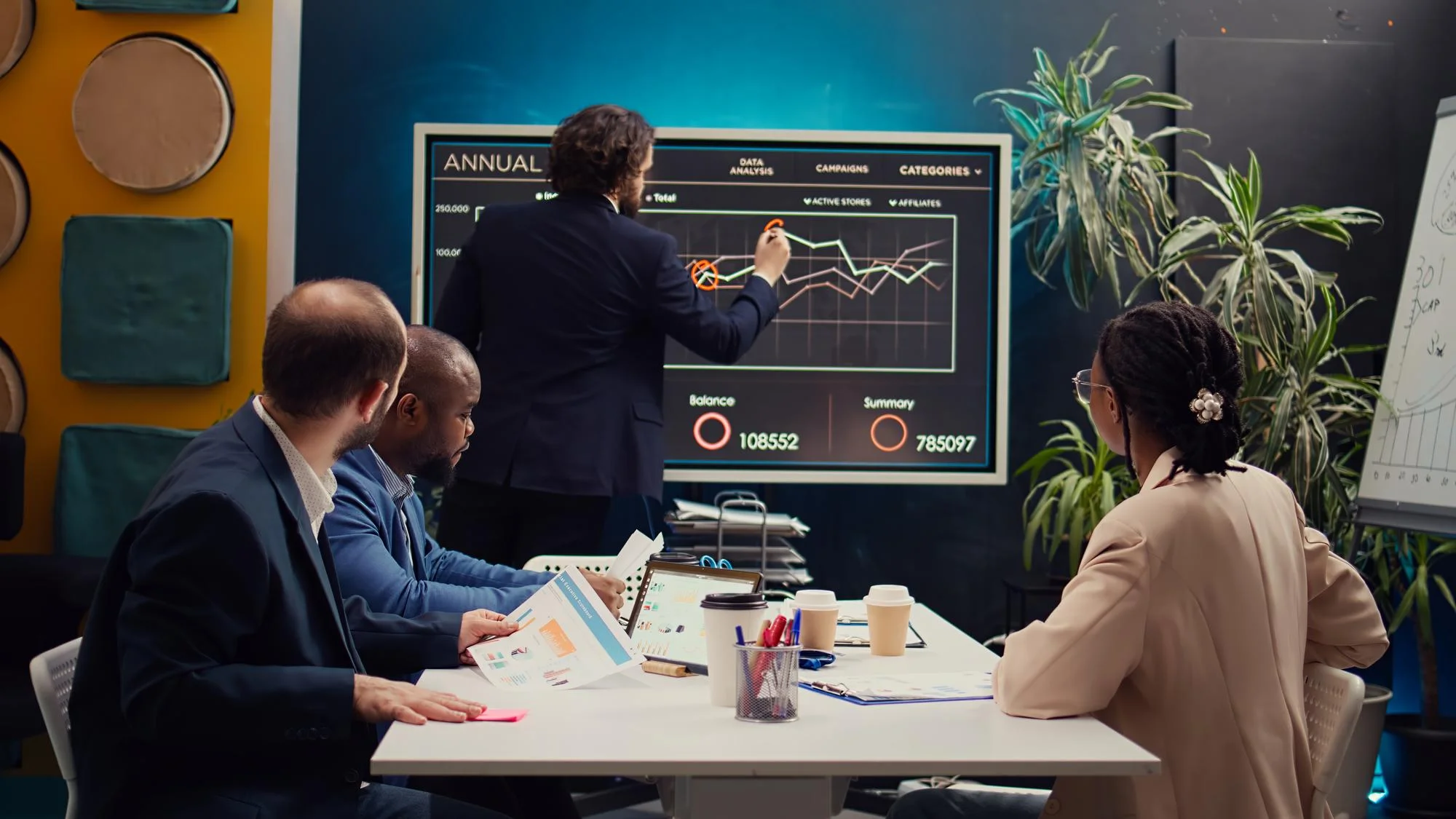 A businessman standing at a digital screen drawing on an annual growth chart while colleagues sit at a table with coffee and documents.