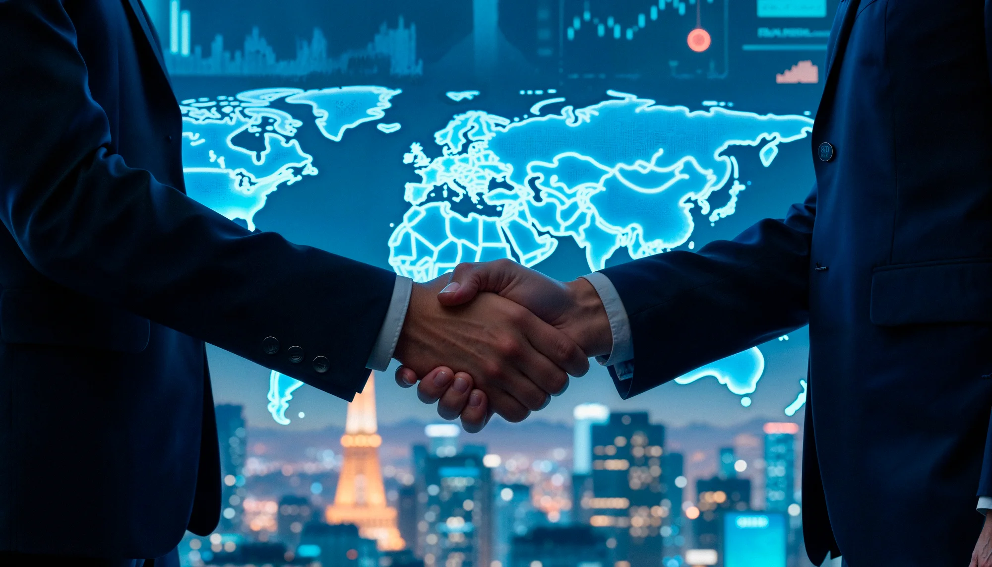 A silhouette of two business professionals shaking hands in front of a glowing digital world map and a blurred night cityscape, symbolising a global strategic partnership or merger.